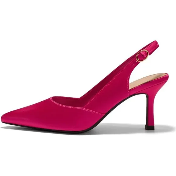 Women's Satin Pink  Faux Leather Pointed Toe Slingback Stylish Buckle Pump Shoes - Picture 4 of 6